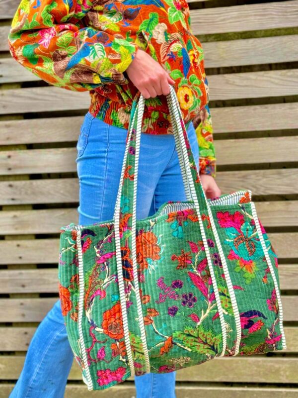 Quilted Velvet Cotton Reversible Extra Large Tote Bag Beach Weekender Eco friendly Sustainable Sturdy Grocery Shopping Emerald Green Floral