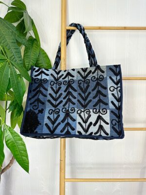 Denim Recycled Patchwork Suzani Hand Embroidery Large Tote Bag Beach Weekender Eco friendly Sustainable Sturdy Grocery Shopping Blue Black - Image 7