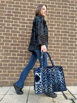 Denim Recycled Patchwork Suzani Hand Embroidery Large Tote Bag Beach Weekender Eco friendly Sustainable Sturdy Grocery Shopping Blue Black - Image 8