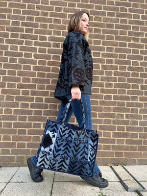 Denim Recycled Patchwork Suzani Hand Embroidery Large Tote Bag Beach Weekender Eco friendly Sustainable Sturdy Grocery Shopping Blue Black - Image 9