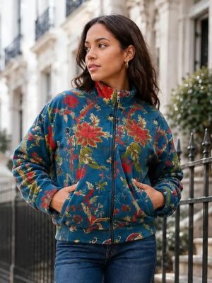 Luxury Velvet Boho Bomber Jacket Quirky Floral Layer Dinner Chic Bolero Winter Christmas Gift | Elegant Royal Teal Blue Hue Pink Autumn Burn