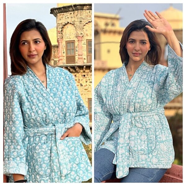 Quilted Pure Cotton Reversible Short Spring Summer Jacket Coat Boho Indian Block-print Classic Elegant Pastel Slated Aqua Mughal Motif