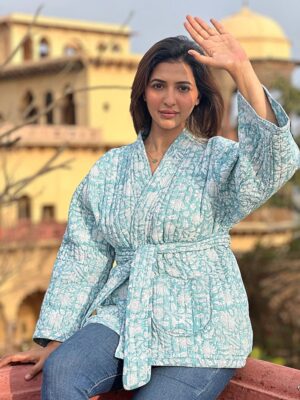 Quilted Pure Cotton Reversible Short Spring Summer Jacket Coat Boho Indian Block-print Classic Elegant Pastel Slated Aqua Mughal Motif - Image 2
