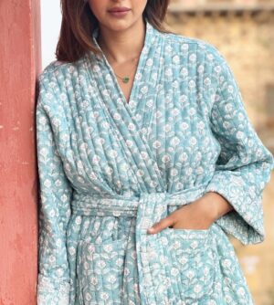 Quilted Pure Cotton Reversible Short Spring Summer Jacket Coat Boho Indian Block-print Classic Elegant Pastel Slated Aqua Mughal Motif - Image 3