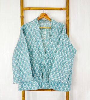 Quilted Pure Cotton Reversible Short Spring Summer Jacket Coat Boho Indian Block-print Classic Elegant Pastel Slated Aqua Mughal Motif - Image 4