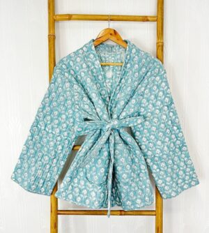 Quilted Pure Cotton Reversible Short Spring Summer Jacket Coat Boho Indian Block-print Classic Elegant Pastel Slated Aqua Mughal Motif - Image 5