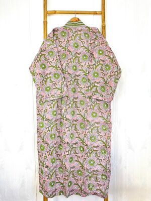 Pure Cotton Indian Block printed House Robe Summer Kimono | Floral Beach Coverup/Comfy Happy Blue Pink Green Gardenia Blossom Summer Dream - Image 6