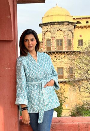 Quilted Pure Cotton Reversible Short Spring Summer Jacket Coat Boho Indian Block-print Classic Elegant Pastel Slated Aqua Mughal Motif - Image 6
