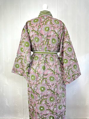 Pure Cotton Indian Block printed House Robe Summer Kimono | Floral Beach Coverup/Comfy Happy Blue Pink Green Gardenia Blossom Summer Dream - Image 7