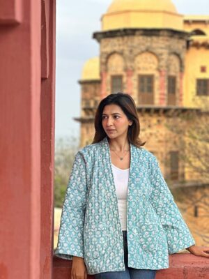 Quilted Pure Cotton Reversible Short Spring Summer Jacket Coat Boho Indian Block-print Classic Elegant Pastel Slated Aqua Mughal Motif - Image 7