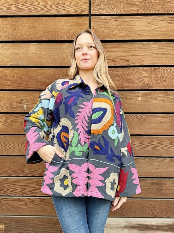 Suzani Hand Embroidered Short Collared Jacket | Spring Boho Coat Bolero | Artist Special Gift | Classic Black Pink Red Quirky Festival Hues