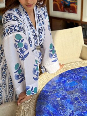 Pure Cotton Handprinted House Robe Botanical Kimono - Blue Aqua White Bridal Floral Bloom l Beach Coverup/Comfy Maternity | Regal Mughal - Image 2