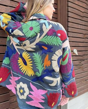 Suzani Hand Embroidered Short Collared Jacket | Spring Boho Coat Bolero | Artist Special Gift | Classic Black Pink Red Quirky Festival Hues - Image 2
