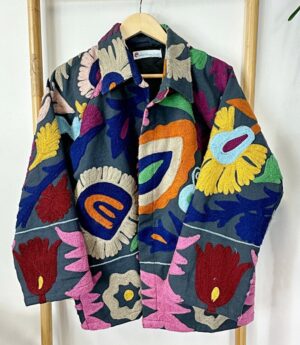 Suzani Hand Embroidered Short Collared Jacket | Spring Boho Coat Bolero | Artist Special Gift | Classic Black Pink Red Quirky Festival Hues - Image 3