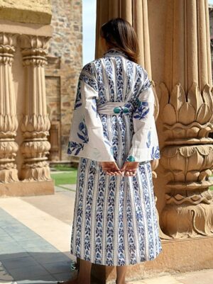Pure Cotton Handprinted House Robe Botanical Kimono - Blue Aqua White Bridal Floral Bloom l Beach Coverup/Comfy Maternity | Regal Mughal - Image 4