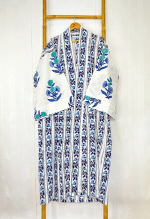 Pure Cotton Handprinted House Robe Botanical Kimono - Blue Aqua White Bridal Floral Bloom l Beach Coverup/Comfy Maternity | Regal Mughal - Image 5