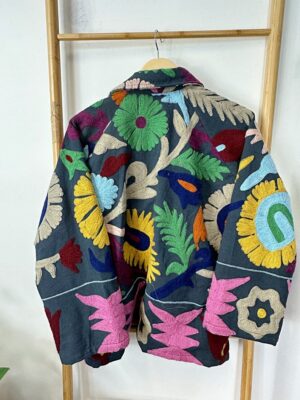 Suzani Hand Embroidered Short Collared Jacket | Spring Boho Coat Bolero | Artist Special Gift | Classic Black Pink Red Quirky Festival Hues - Image 6