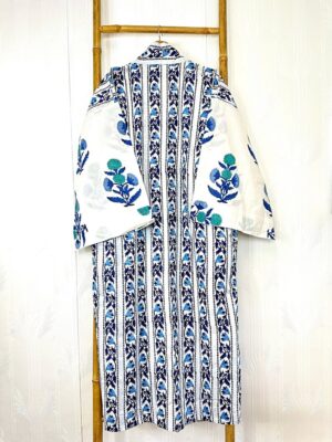 Pure Cotton Handprinted House Robe Botanical Kimono - Blue Aqua White Bridal Floral Bloom l Beach Coverup/Comfy Maternity | Regal Mughal - Image 6