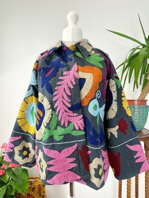Suzani Hand Embroidered Short Collared Jacket | Spring Boho Coat Bolero | Artist Special Gift | Classic Black Pink Red Quirky Festival Hues - Image 7
