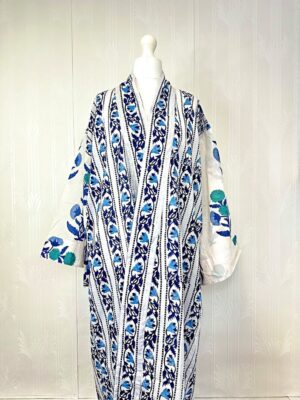 Pure Cotton Handprinted House Robe Botanical Kimono - Blue Aqua White Bridal Floral Bloom l Beach Coverup/Comfy Maternity | Regal Mughal - Image 7