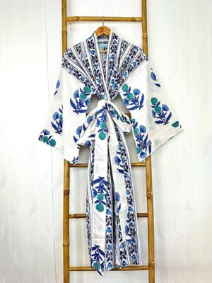 Pure Cotton Handprinted House Robe Botanical Kimono - Blue Aqua White Bridal Floral Bloom l Beach Coverup/Comfy Maternity | Regal Mughal - Image 8