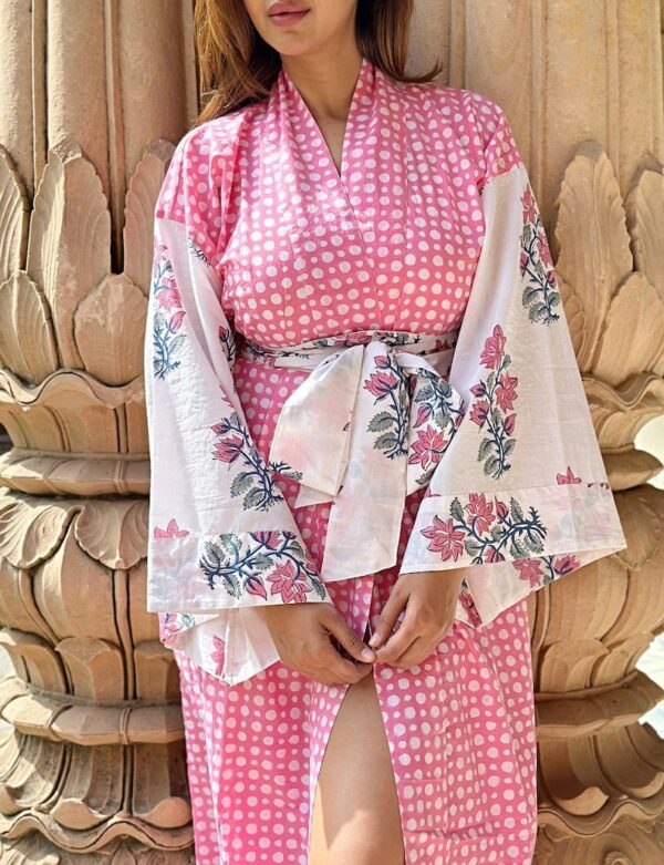 Pure Cotton Handprinted House Robe Botanical Kimono - Babydoll Pink Polka Bridal Floral Bloom l Beach Coverup/Comfy Maternity | Regal Mughal