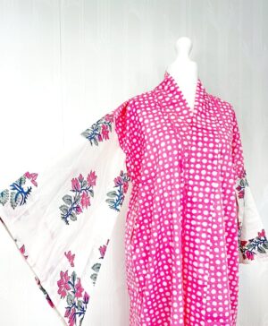 Pure Cotton Handprinted House Robe Botanical Kimono - Babydoll Pink Polka Bridal Floral Bloom l Beach Coverup/Comfy Maternity | Regal Mughal - Image 9