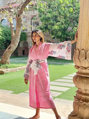 Pure Cotton Handprinted House Robe Botanical Kimono - Babydoll Pink Polka Bridal Floral Bloom l Beach Coverup/Comfy Maternity | Regal Mughal - Image 3