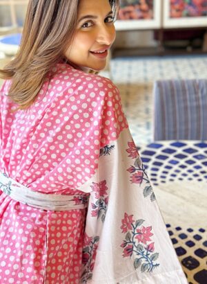 Pure Cotton Handprinted House Robe Botanical Kimono - Babydoll Pink Polka Bridal Floral Bloom l Beach Coverup/Comfy Maternity | Regal Mughal - Image 5