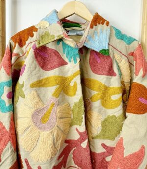 Suzani Hand Embroidered Short Collared Jacket | Spring Boho Coat Bolero | Artist Special Gift | Classic Beige Pastel Peach Olive Aqua Blush - Image 6