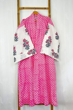 Pure Cotton Handprinted House Robe Botanical Kimono - Babydoll Pink Polka Bridal Floral Bloom l Beach Coverup/Comfy Maternity | Regal Mughal - Image 7