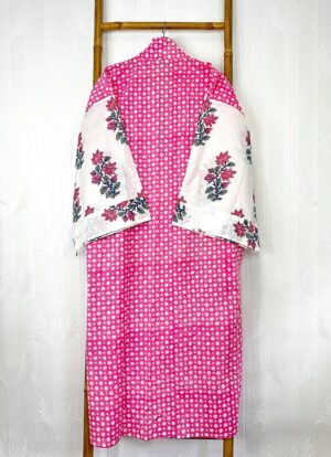Pure Cotton Handprinted House Robe Botanical Kimono - Babydoll Pink Polka Bridal Floral Bloom l Beach Coverup/Comfy Maternity | Regal Mughal - Image 8