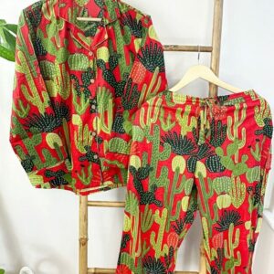 Luxury Hand Printed Indian Blockprint Pure High Quality Cotton Floral Bird Pyjama Set - Green Red Blue Quirky Cactus | Christmas Vibe - Image 2