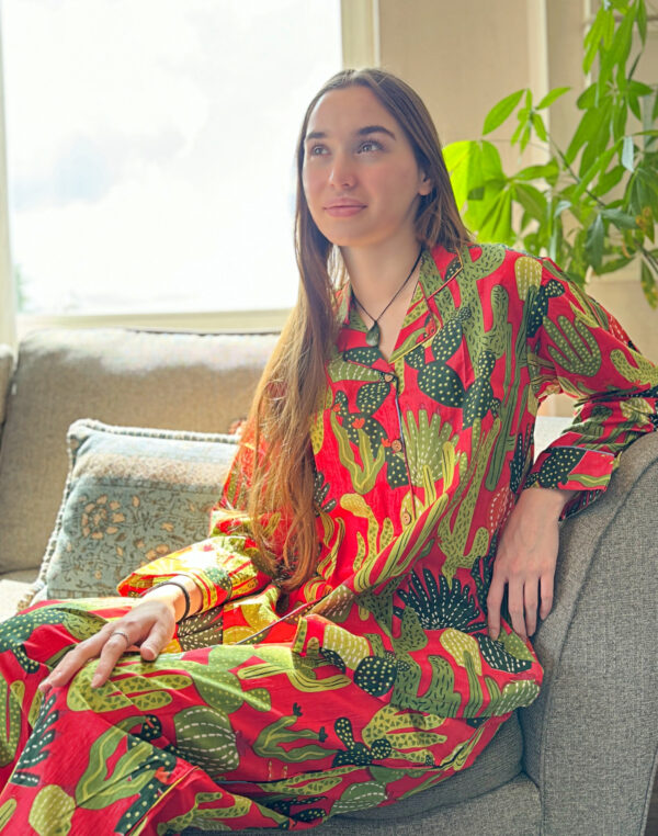 Luxury Hand Printed Indian Blockprint Pure High Quality Cotton Floral Bird Pyjama Set - Green Red Blue Quirky Cactus | Christmas Vibe