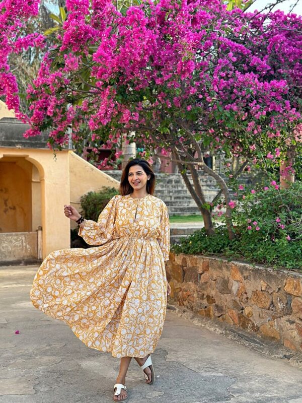 Pure Cotton Long Dress Indian Block Print Boho Colourful Summer Earthy Elegant Comfy Daywear Mom Outfit Turmeric Yellow Wisconsin Floral