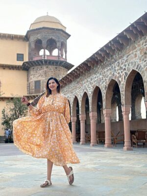 Pure Cotton Long Dress Indian Block Print Boho Colourful Summer Earthy Elegant Comfy Daywear Mom Outfit Turmeric Yellow Wisconsin Floral - Image 2