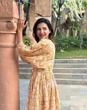 Pure Cotton Long Dress Indian Block Print Boho Colourful Summer Earthy Elegant Comfy Daywear Mom Outfit Turmeric Yellow Wisconsin Floral - Image 3