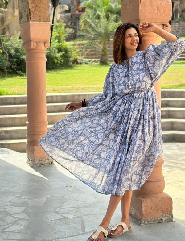 Pure Cotton Long Dress Indian Block Print Boho Colourful Summer Earthy Elegant Comfy Daywear Mom Outfit Slate Denim Steel Blue Gingko Floral