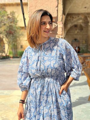 Pure Cotton Long Dress Indian Block Print Boho Colourful Summer Earthy Elegant Comfy Daywear Mom Outfit Slate Denim Steel Blue Gingko Floral - Image 3