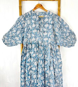 Pure Cotton Long Dress Indian Block Print Boho Colourful Summer Earthy Elegant Comfy Daywear Mom Outfit Slate Denim Steel Blue Gingko Floral - Image 5