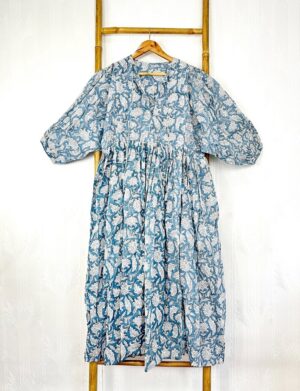 Pure Cotton Long Dress Indian Block Print Boho Colourful Summer Earthy Elegant Comfy Daywear Mom Outfit Slate Denim Steel Blue Gingko Floral - Image 6
