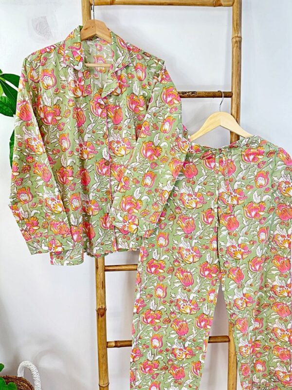 Love Garden Hand Printed Indian Block-print Pure Cotton Floral Pyjama Set | Spring Pistachio Green Peach Pink Pastel Hibiscus