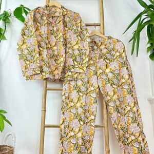 Luxury Hand Printed Indian Blockprint Pure High Quality Cotton Floral Bird Pyjama Set - Summer Mughal Yellow Lotus White Red Christmas Vibe - Image 3