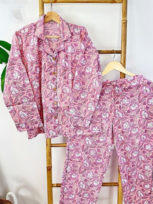 Love Garden Hand Printed Indian Blockprint Pure Cotton Floral Pyjama Set | Spring Lilac Pink Pastel Hibiscus