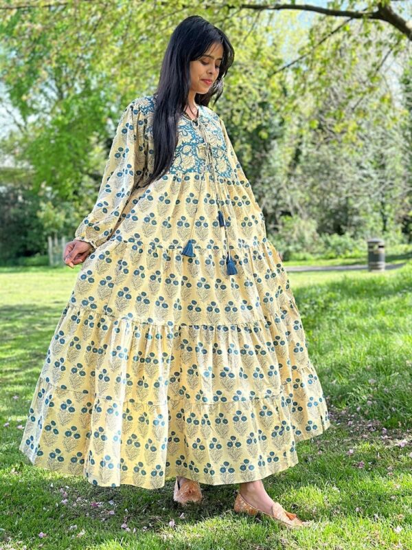 Pure Cotton Maxi Dress Indian Block Bagru Print Summer Earthy Nature Goddess Comfy Daywear Boho Beach Outfit | Beige Teal Blue Floral
