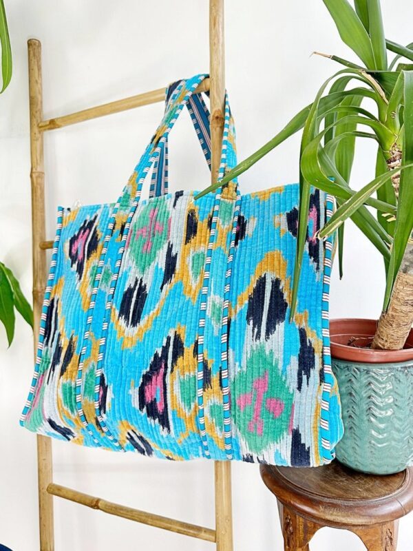 Quilted Velvet Cotton Reversible Oversize Tote Bag Beach Weekender Eco friendly Sturdy Grocery Shop Boho Summer Turquoise Blue Mustard Green