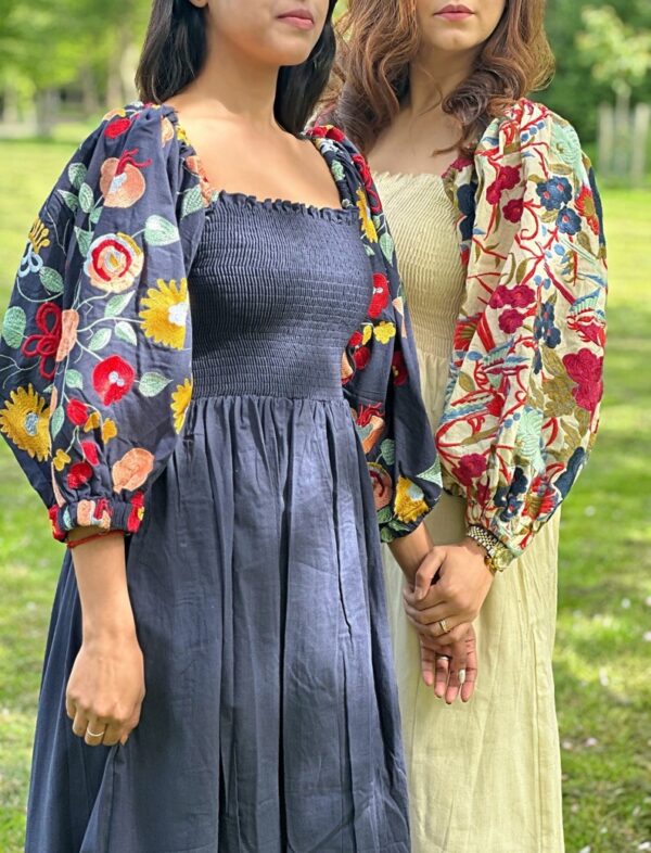Embroidered Daisy Floral Pure Cotton Long Smocking Dress Boho Chic Classy Summer Elegant Comfy Daywear Mom Gift Outfit | Navy Red Mustard