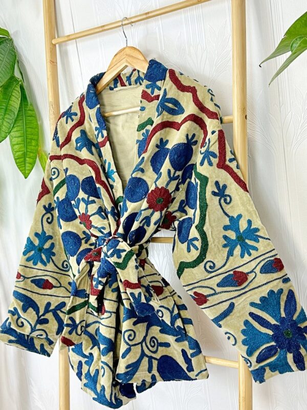 Velvet Suzani Artisan Hand Embroidered Hip Front Open Jacket | Spring Elegant Boho Gypsy | Luxury Special Gift | Pastel Beige Teal Navy