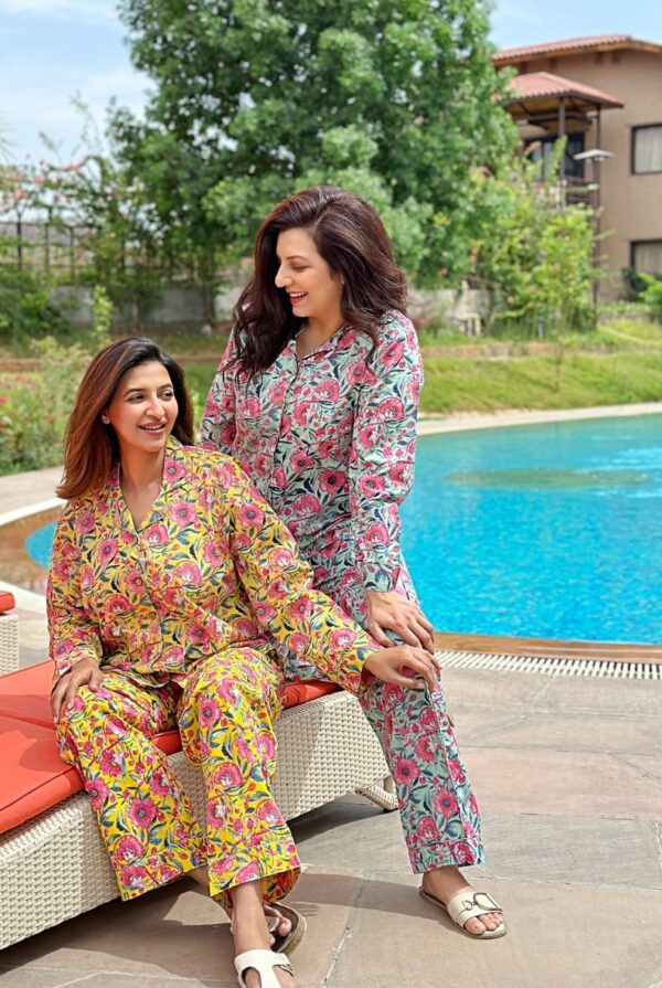 Luxury Hand Printed Indian Blockprint Pure High Quality Cotton Floral Besties BFF Pyjama Set Happy Girls Bridesmaid | Aqua Sunshine Pink