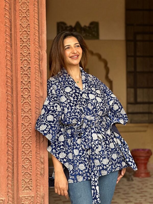 Velvet Short Hip Length Waterfall Cape Jacket Spring Boho Special Love Gift | Elegant Navy White Lotus Wave | Cruise Urban Dinner Style Coat